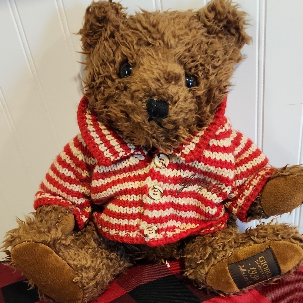 Adorable Brown Stuffed Bear with Red Striped Sweater